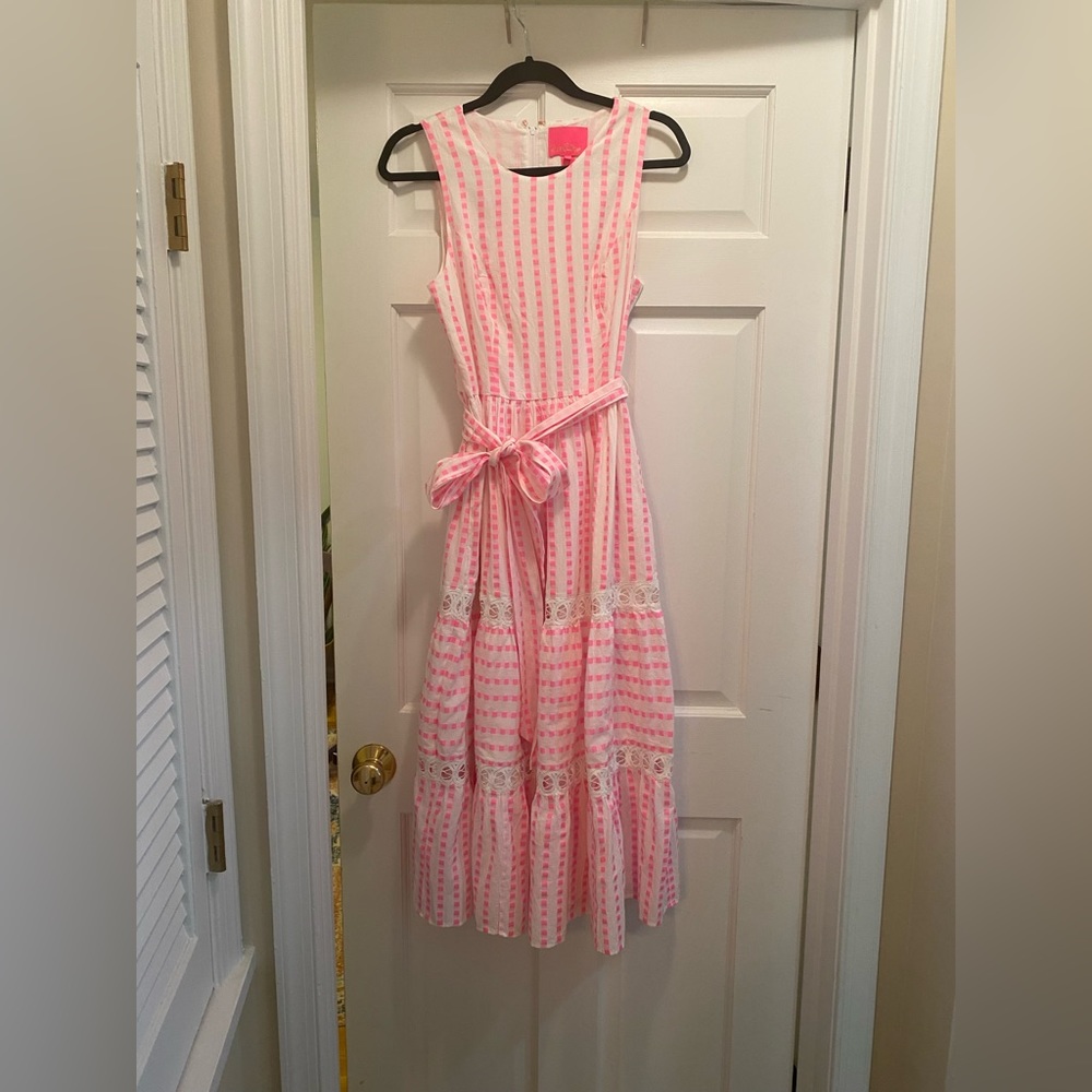 Lilly Pulitzer Pink and White Striped Maxi Dress with Waist Tie